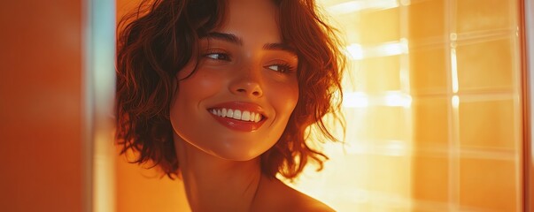 A person looking in the mirror with a gentle smile, reflecting self-love and positivity in their daily routine.