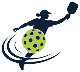 Silhouette of female pickleball player with ball and motion trails