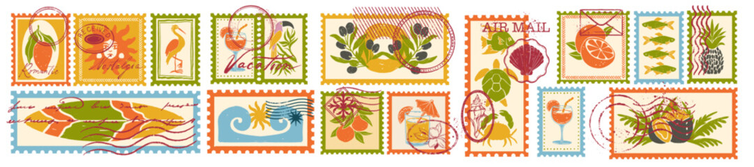 Fototapeta na wymiar Tropical summer stamp, exotic travel postal sticker set, Hawaii island fruit vintage postcard print. Vacation mail retro graphic fruit silhouette illustration, tourism postage collection. Summer stamp