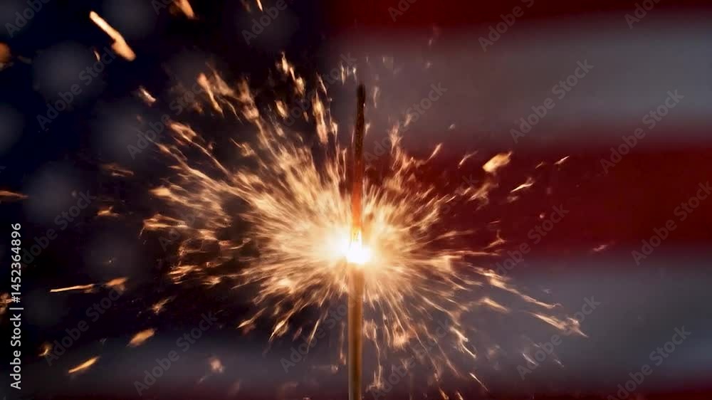 Poster a high-resolution sparkler igniting brightly against a blurred american flag backdrop. the warm glow