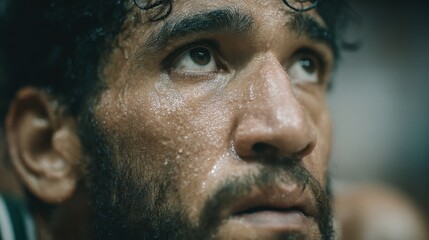 Fototapeta premium Close-up of a sweaty basketball player looking upwards with a focused and exhausted expression after intense gameplay perfect for emotional sports visuals, athlete profiles and resilience themes