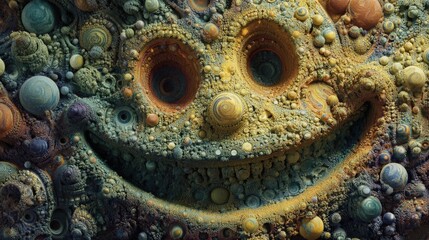 A mesmerizing fractal art piece depicting a smiling face formed from intricate, swirling patterns and textures in muted greens, yellows, and browns.
