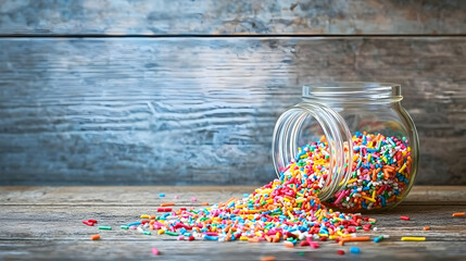 Colorful sprinkles spilling from a clear glass jar onto a rustic wooden surface