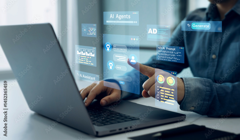 Poster person using laptop with ai content generator. interaction with the ai assistant to solve some tasks