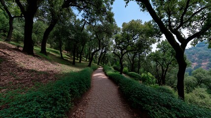 Obraz premium Serene Hillside Path Winding Walk Through Lush Oak Forest.