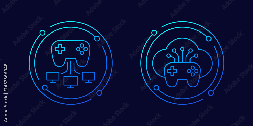 Poster gaming, game server icons with gamepad, linear design