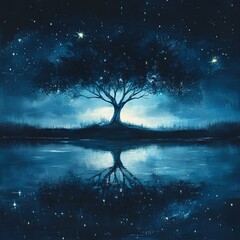 Enchanted Tree Reflected in Midnight Blue Lake