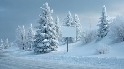 Fototapeta premium Serene Winter Landscape with Snow-Covered Trees and Blank Signage