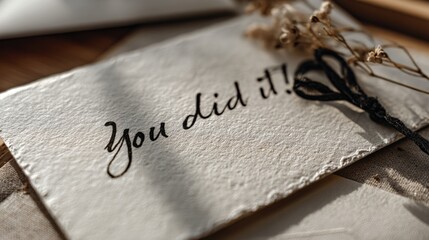 Elegant Encouragement: A close-up shot of a handwritten note bearing the inspiring message, "You did it!", accompanied by delicate dried flowers and rustic decor.