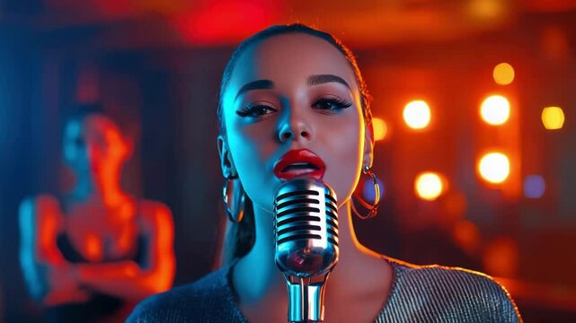 Woman singing with vintage microphone on stage under colorful lights during live performance