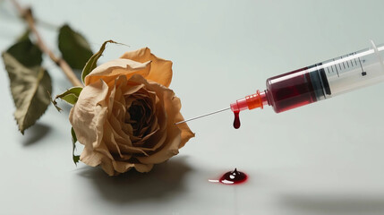 Syringes and withered roses represent drug prohibition, harm, decay, and warning, conveying the concept of warning against the dangers of drug abuse or improper use.