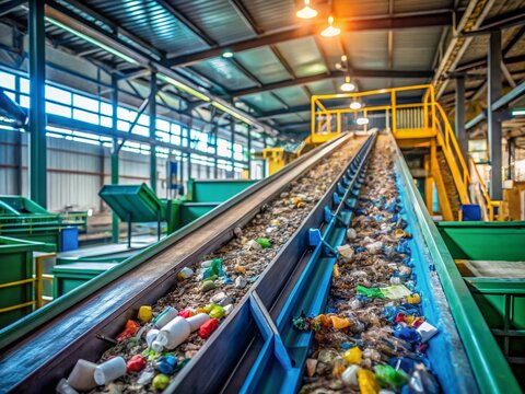 Recycling Facility Conveyor Belt: Sorted Materials Close-Up Stock Photo