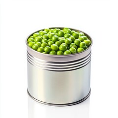 Green peas in a metal can isolated on white background