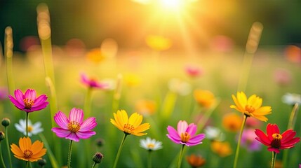 Vibrant wildflowers bathed in the golden glow of a setting sun, a breathtaking spectacle of nature's artistry in a field of blossoming beauty