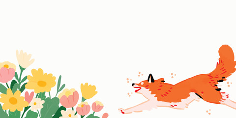 Obraz premium A playful fox in vibrant orange and red bursts through a field of blooming spring flowers, capturing the joy of nature's awakening.