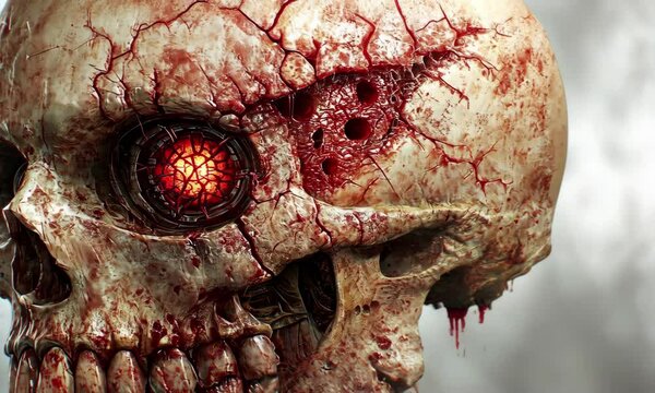 Rotating gory skull with glowing eyes and veins revealed in closeup sequence