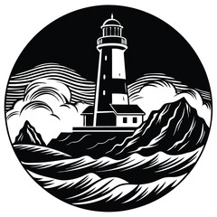 Black and White Lighthouse Illustration in Circle Graphic Coastal Seascape Art