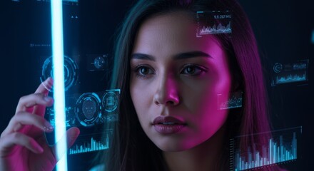 Woman operating futuristic touch screen dashboard.