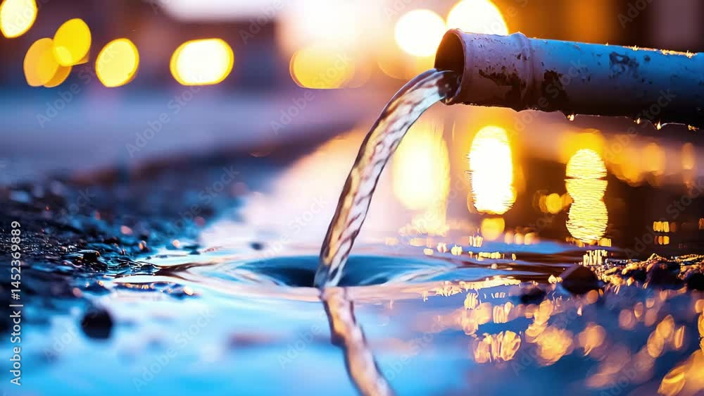Poster water flowing from pipe into puddle with light reflections and gentle flow creating calm scene