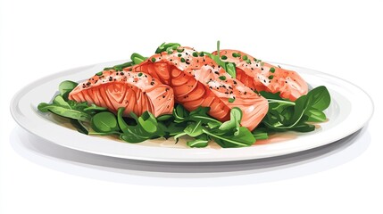Roasted salmon slices over fresh arugula salad
