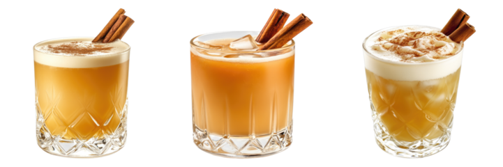 Set of cinnamon maple whiskey sour cocktail isolated on transparent, PNG