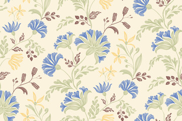 Blue floral pattern vintage ethnic modern tapestry embroidery texture boho design vector illustration hand drawn silhouette indigo flower motif branches leaves wallpaper seamless background border.