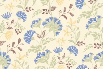 Blue floral pattern vintage ethnic modern tapestry embroidery texture boho design vector illustration hand drawn silhouette indigo flower motif branches leaves wallpaper seamless background border.