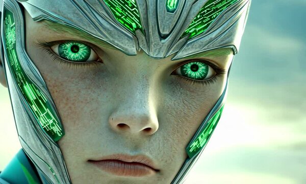 Futuristic cyborg's intriguing gaze with digital circuitry accents