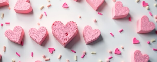 Fototapeta premium Heart shaped marshmallow, pink candles, sprinkles White background, top view Romantic setting , hearts, holiday