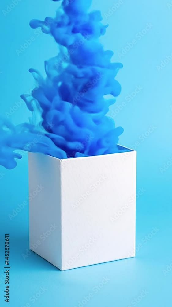 Poster a vibrant scene featuring a white cube emitting swirling blue smoke against a soft blue background. 