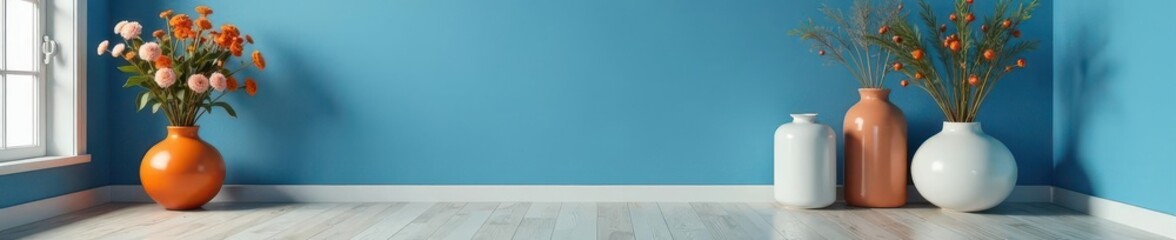 Modern living room, blue wall, field flower bouquet, orange & white vases, glass, still life