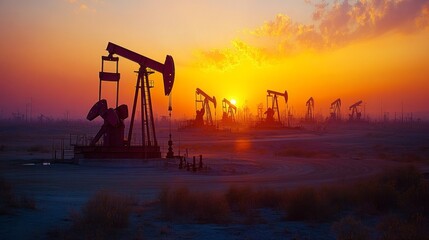 Naklejka premium A busy oil field features numerous pumpjacks working diligently as the sun sets, casting orange and purple hues across the horizon, illuminating the landscape