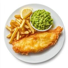 Fish and chips with mushy peas isolated on white background