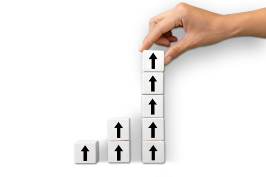 Growing graph made of blocks and up arrows. Steps of growth. Enlargement and growth concept. Career, economics. Statistics and news. Skills and self-development concepts
