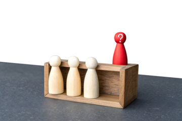 A minimalistic scene with five wooden figurines. Four natural wood-colored figurines stand in a row inside a dashed rectangular box