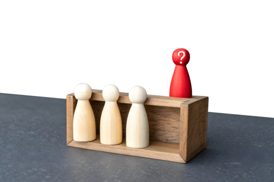 A minimalistic scene with five wooden figurines. Four natural wood-colored figurines stand in a row inside a dashed rectangular box