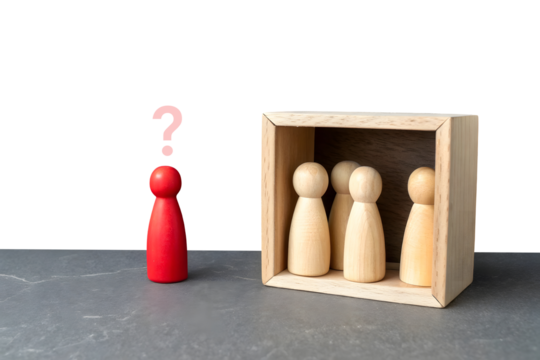 A minimalistic scene with five wooden figurines. Four natural wood-colored figurines stand in a row inside a dashed rectangular box
