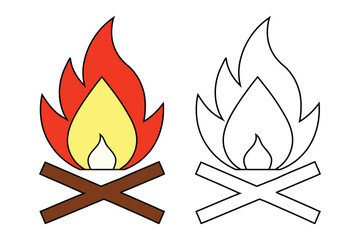 Campfire Icon Set, Colored and Outline Bonfire Vector Illustration.  