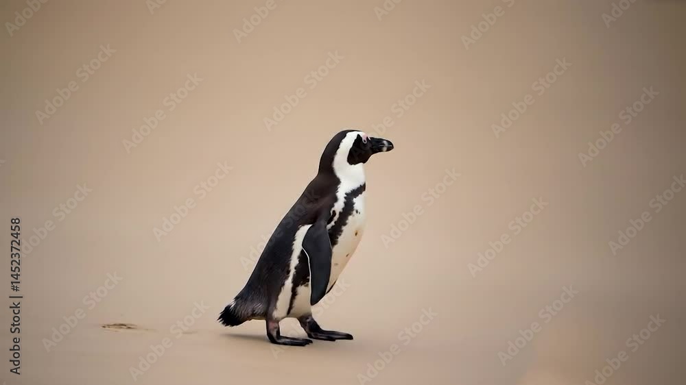 Leinwandbilder a solitary penguin stands against a softly blurred beige background with elegant profile display. so