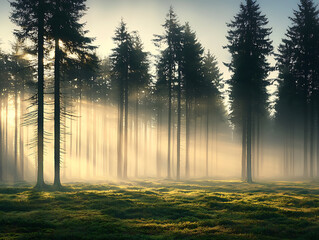 Sunrise in misty pine forest.