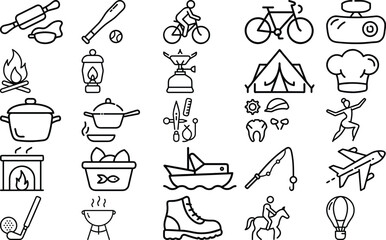 Obraz premium Outdoor and Adventure Icons Collection - Editable Vector Icons for Sports, Camping, and Cooking