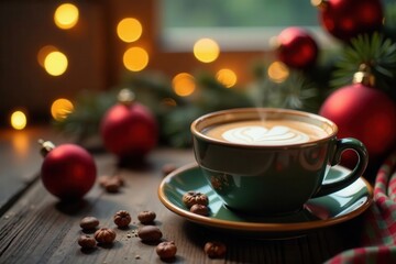 Warm Christmas morning coffee, festive setting , coffee, flat lay