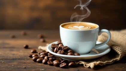 White cup, coffee steam heart, burlap sack, coffee beans on old wood, burlap sack, rustic