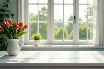Fototapeta premium White wood table, large spring window, ample copy space , texture, background