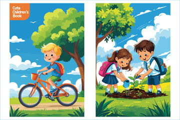 Cartoon Children Enjoying Outdoor Activities Biking And Planting Trees Together Illustration
