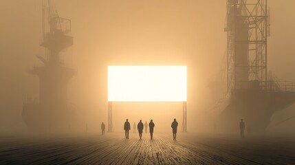 Naklejka premium People Walking in Foggy Environment Near Bright Empty Billboards
