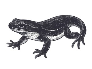 Naklejka premium A detailed hand-drawn illustration of a sleek black lizard with textured skin and clawed feet is showcased against a stark white background.