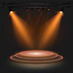 3D round podium illuminated by stage spotlights with orange light on a dark background highlighting the central platform. Suitable for visualization of presentations, awards. Vector illustration EPS10