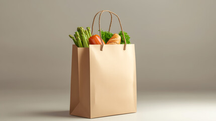 Realistic paper shopping bag with food and check payment, 3D vector cartoon container with bread and vegetables purchase