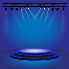 
3D blue round podium on a blue background. Spotlights illuminate the central platform. Suitable for product demonstrations, presentations, speeches. Vector illustration EPS10.